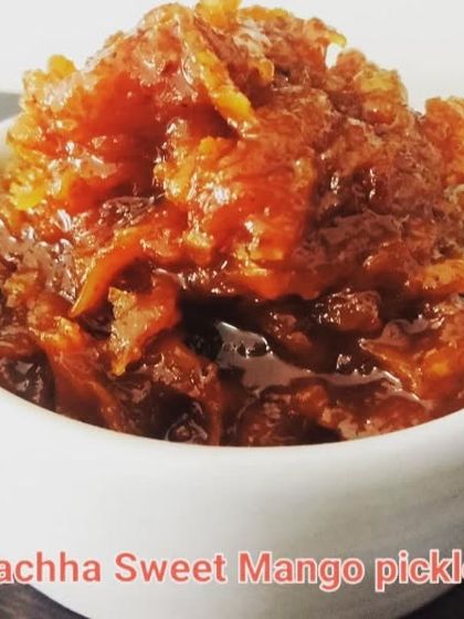 This is my Lachha Sweet Mango pickle. It's made from grated mangoes and has a wonderful sweet and sour taste that is truly addictive.