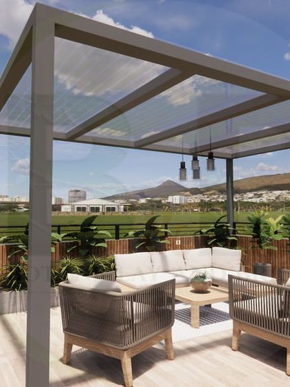This 3D visualization presents a clean and modern pergola design. The simple metal frame and translucent roof provide shelter without obstructing the view, creating a perfect setting for a minimalist outdoor seating area.