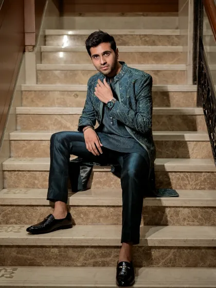 A relaxed yet stylish portrait of the groom seated on the marble steps. This pose is modern and confident, highlighting his sharp attire and accessories.