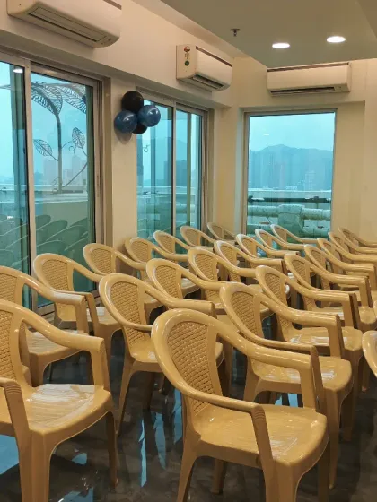 The seating arrangement at a party venue, ready for the event to begin.