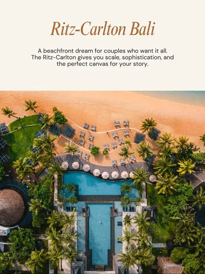 A top Bali venue: Ritz-Carlton Bali. A beachfront dream for couples who want it all. It provides scale, sophistication, and the perfect canvas for your story.