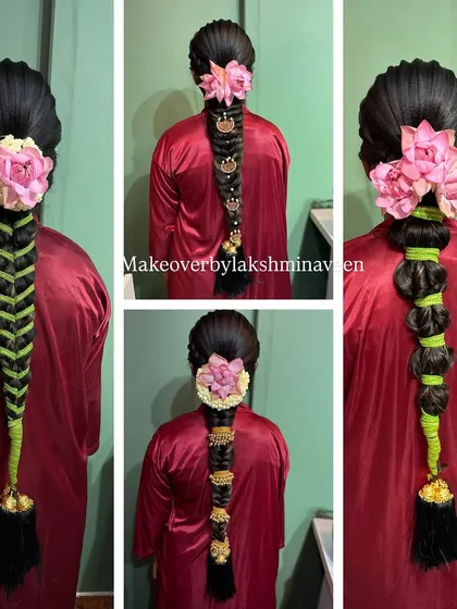 More variations of traditional bridal braids, showing different ways to incorporate flowers and accessories.