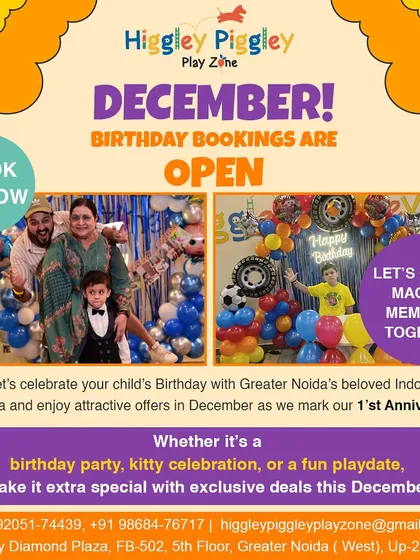 An announcement for our first anniversary, with special offers for December bookings on birthdays, kitty parties, and playdates.