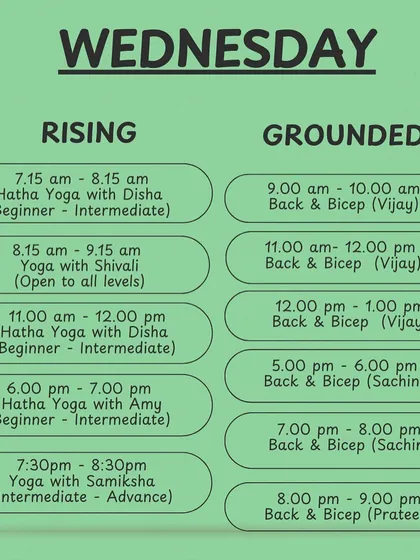 Find your mid-week motivation with our Wednesday schedule, featuring Hatha Yoga, Back & Bicep strength training, and advanced yoga.