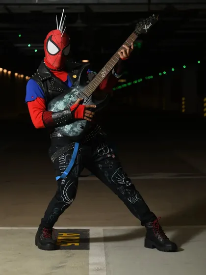 A full-body shot of the Spider-Punk cosplay. I tried to capture the rebellious, punk-rock energy of the character Hobie Brown from the movie.