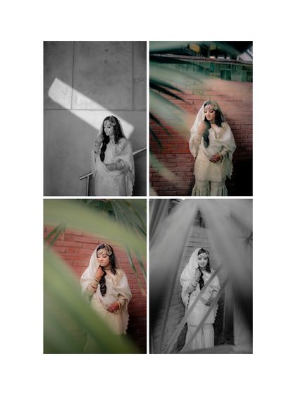 A collage of Lubna's solo portraits, mixing color and monochrome, and using creative framing to highlight her beauty.