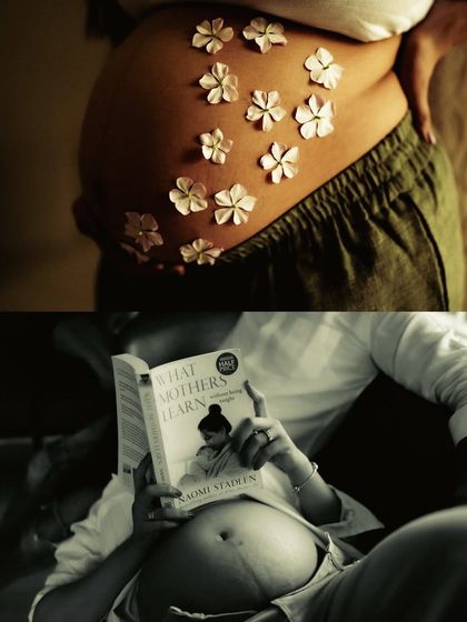 A creative collage for the book-loving couple. It pairs a shot of the baby bump adorned with flowers with a black and white photo of the couple reading a book about motherhood.