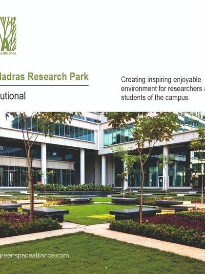 The landscaped courtyard at IIT Madras Research Park, inspired by traditional Indian 'kunds' or stepped tanks. The design provides an enjoyable and inspiring environment for researchers and students, with geometric seating areas and flowing pathways that encourage informal meetings and idea exchange.