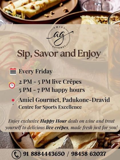 Sip, savor, and enjoy every Friday with our Happy Hour deals on wine and live crêpes. It's the perfect pairing for a delightful time.