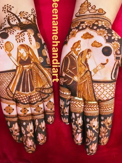 This is one of my favorite Karva Chauth mehandi designs. It shows the complete story: a wife looking at her husband through the chhalni, with the moon in the sky. These portrait designs are very special to me because they capture such a beautiful moment.