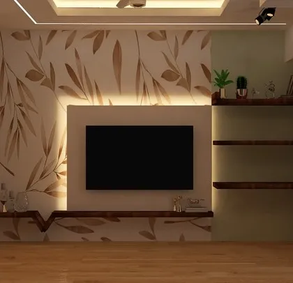 A nature-inspired wallpaper with a leaf motif, bringing a sense of calm to the space.