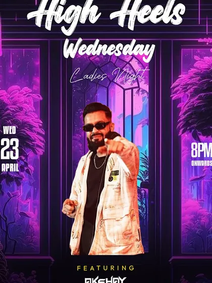 A poster for "High Heels Wednesday," one of Koramangala's hottest ladies' nights at Drava Lounge, with free drinks and the latest tracks.