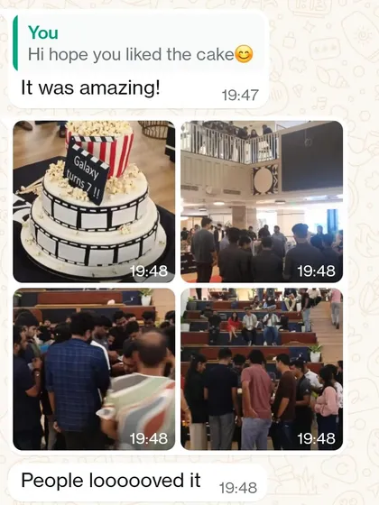 The best part of our job is seeing the joy our creations bring. This is a screenshot from our client at WeWork after their anniversary celebration. Seeing the whole team gather around the cake is what makes it all worthwhile.