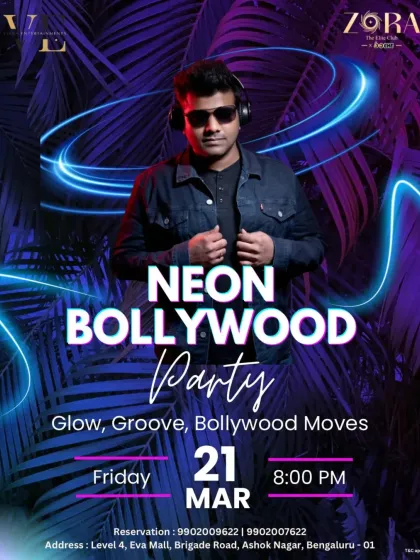 This is the vibe I bring to every Neon Bollywood Party. It's a mix of high-energy music, glowing visuals, and non-stop dancing. This poster for my gig at Zora Club captures the essence of what I do.