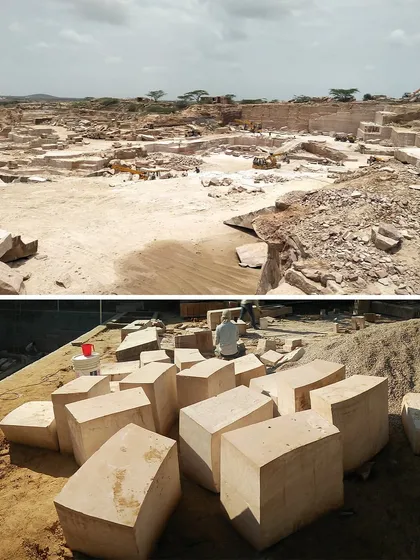 The quarry where the sandstone for the House of Solid Stone was sourced, and the raw blocks ready for cutting. The project's brief was to use no material other than stone for construction, which led us to explore the entire process from extraction to placement.