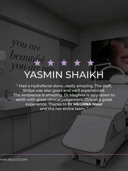 "Had a Hydrafacial done...really amazing." A five-star review from our client Yasmin Shaikh. She praises the amazing staff, the welcoming ambiance, and my clinical judgment, highlighting the great overall experience we strive to provide for everyone.