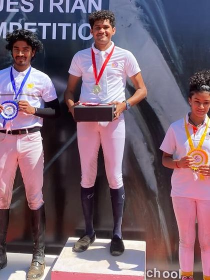 Our riders on the podium for the 110cm Show Jumping event at the Karnataka State Equestrian Championship. We secured both first and second place in a competitive field.