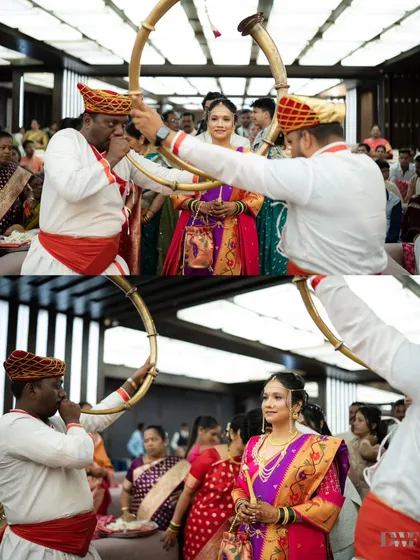 The bride's grand entrance, accompanied by the traditional Tutari players. This collage captures the royal and festive spirit of a Marathi wedding.