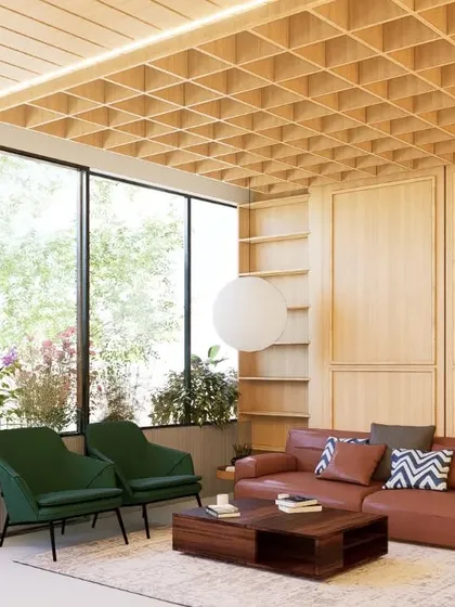This is a render of a welcome space we designed for an educational institute. The concept was transparency and warmth. The wood-clad waffle ceiling and large glass windows create an inviting and impressive first impression, showing that commercial spaces can be rich and unique without being busy or loud.