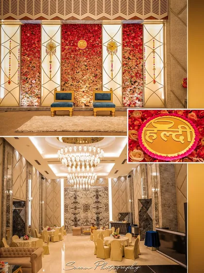 A collage showcasing the beautiful Haldi decor, including the floral stage backdrop and the elegant banquet hall setup.