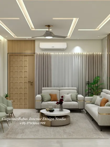 A comfortable living room with a simple, modern design. The textured door and wall panels add interest to the otherwise minimalist space.