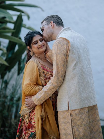 An intimate moment of affection during the Haldi photoshoot. These are the pictures that couples will cherish for a lifetime.