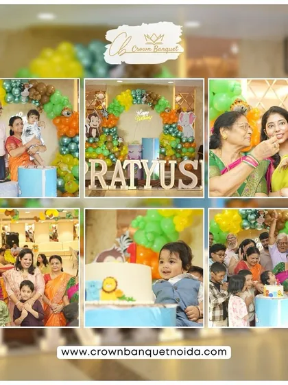 A collage celebrating Pratyush's jungle-themed birthday. You can see the detailed decor with animal cutouts, the custom cake, and the happy faces of family members, all part of the package we offer.
