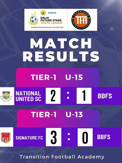 Match results from the Tier-1 U-15 and U-13 leagues, showcasing our successful collaborations and strong performances.