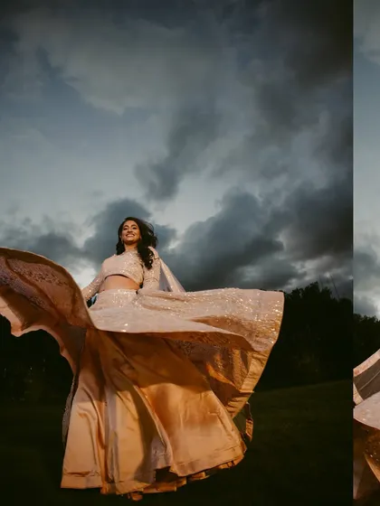 A bride's joy is infectious. We wanted to capture that feeling of pure happiness and freedom against a dramatic sky, creating a portrait that feels both powerful and personal.