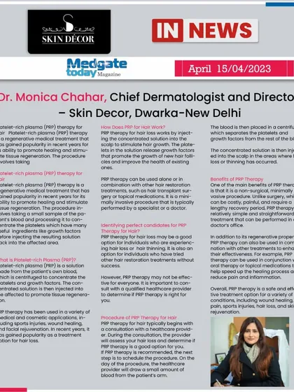 Platelet-Rich Plasma or PRP therapy is one of the most effective non-surgical treatments I offer for hair thinning. As featured in Medgate Today magazine, this article explains how I use your own blood's growth factors to stimulate hair follicles and promote new growth. It is a safe and minimally invasive procedure performed right here at the clinic.