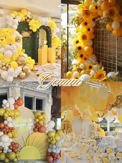 Zodiac decor aesthetics: Gemini. Playful, bright, and sunny. A Gemini party vibe is all about cheerful yellows, sunflowers, and light, airy balloon arrangements.