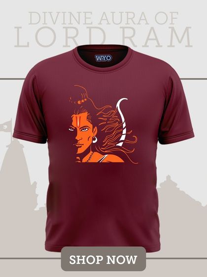 A modern, artistic half-face portrait of Lord Ram on a maroon t-shirt, offering a beautiful and stylish design.