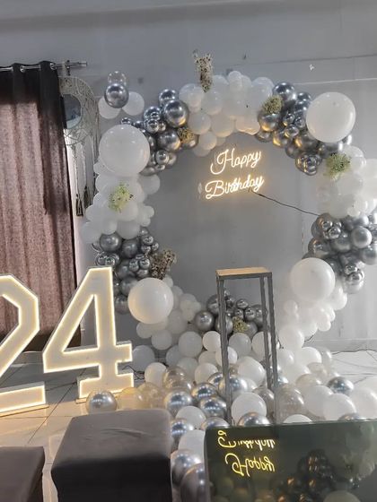 This is the same 24th milestone setup from a different angle, offering a clearer view of the entire arrangement. It shows how the decor elements work together in a real-world party environment.