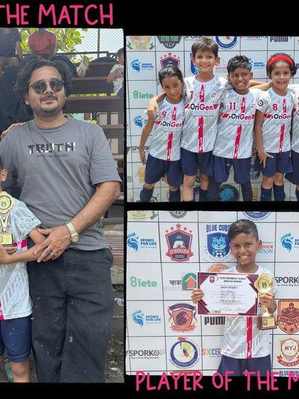 A collage celebrating our U7 players who earned 'Player of the Match' awards, showcasing their early achievements.