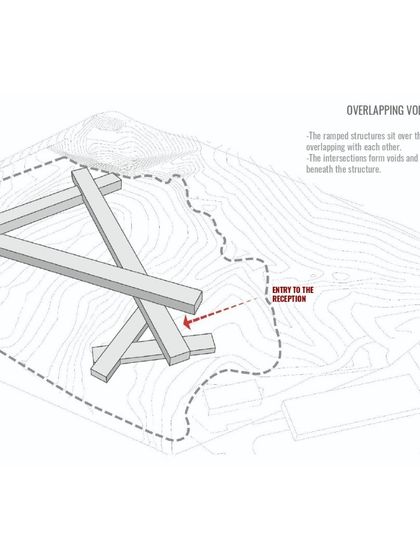 The overlapping ramped structures of the Mahindra Resort concept are designed to sit over the natural terrain, creating voids and open spaces at their intersections.