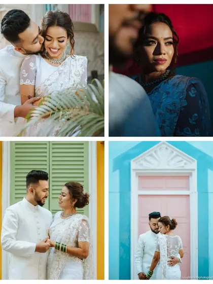 This four-photo grid captures the couple's chemistry in a variety of poses and settings. From a sweet kiss on the cheek to stylish poses against colorful walls, it tells a complete story.