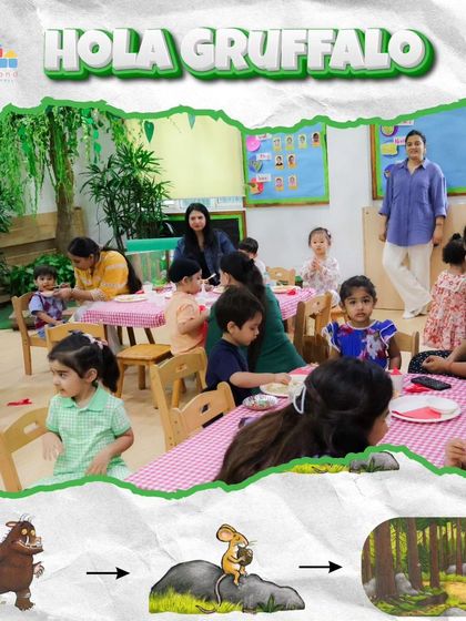 After the story, the children sit down for themed activities. Here, they are getting ready for a Gruffalo-themed craft and snack session.