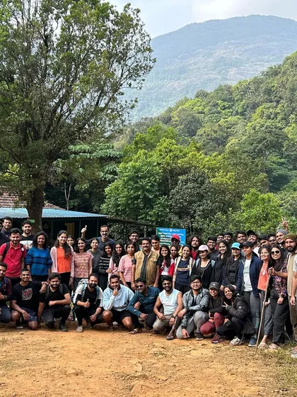 The full group at the Kumara Parvatha base camp, a mix of excitement and anticipation.