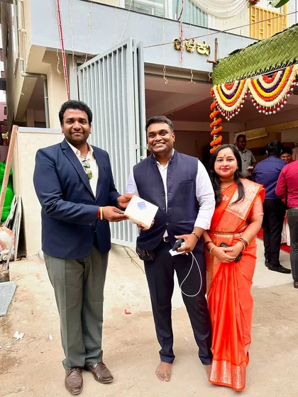 A happy moment with our clients at their housewarming. Seeing the joy of a family in their new home, designed by us, is our greatest reward.