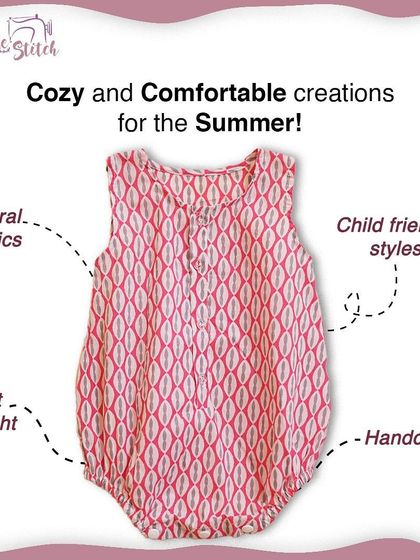 This graphic highlights the features of our pink printed romper: natural fabrics, lightweight feel, child-friendly style, and handcrafted quality. It's a cozy and comfortable creation for the summer.