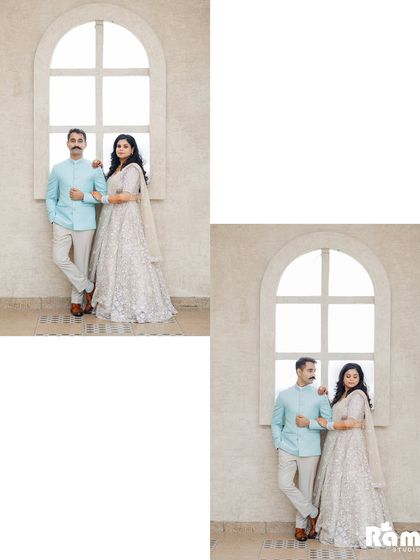 This diptych shows two variations of a pose against a bright window. It highlights the couple's connection and the simple elegance of their outfits in a clean, minimalist setting.