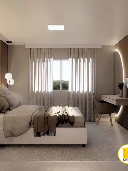 A full view of the bedroom, highlighting the seamless flow between the sleeping and dressing areas.