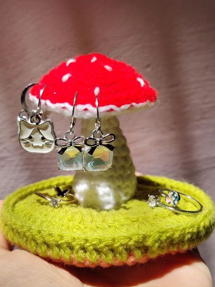 The red mushroom jewelry holder from a slightly different angle.