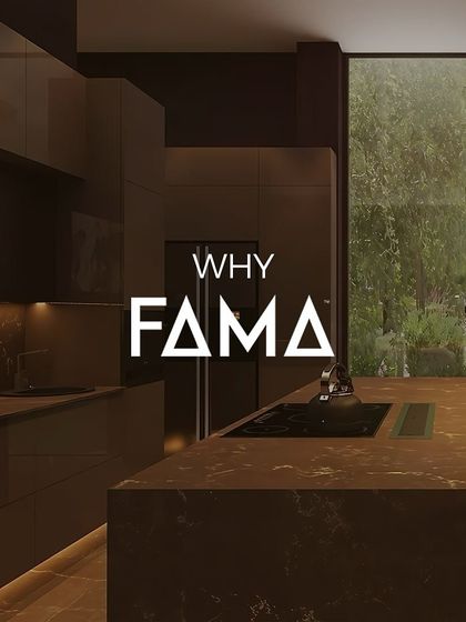Why FAMA? Because I combine state-of-the-art technology with refined aesthetics. This kitchen, with its glossy brown finish and integrated television, showcases how I create luxurious and functional spaces.