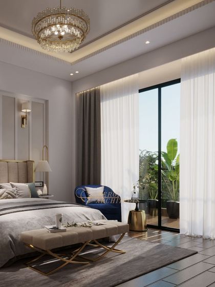 A bedroom that embraces elegance and sophistication, with linear patterns on the headboard, back wall, and cupboards creating a cohesive and stylish look.