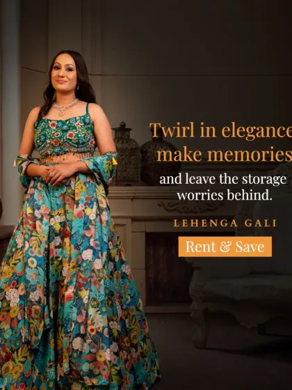 Twirl in elegance and leave the storage worries behind. This beautiful floral print lehenga is light, vibrant, and perfect for a daytime sangeet or mehendi celebration.