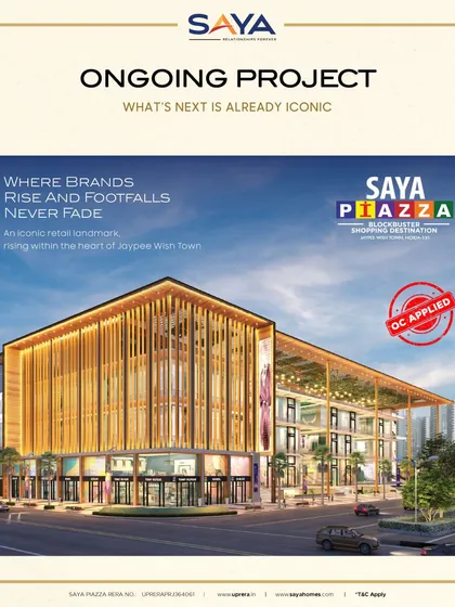 An architectural view of Saya Piazza, our iconic retail landmark rising in the heart of Jaypee Wishtown. This project is designed to be a blockbuster shopping destination where brands thrive and footfalls are constant, serving a large, affluent community.