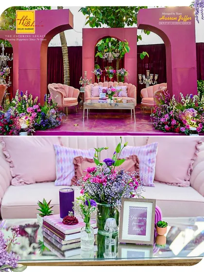 A closer look at a themed lounge area we designed for an event. The plush pink velvet sofas, intricate floral arrangements, and soft lighting create an intimate and stylish space for guests to relax and socialize.