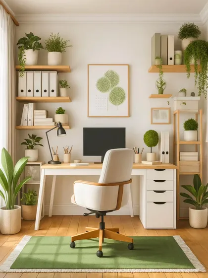A green home office concept designed to boost productivity and well-being. The space is filled with a variety of plants on shelves and the floor, creating a calm and inspiring work environment.