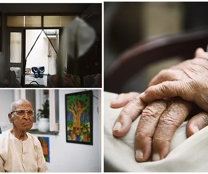 A photo essay collage telling the story of sculptor Metharam Dharmani. It combines portraits, details of his hands, and his living space to paint a full picture of his life and work.